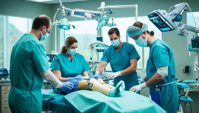 uma equipe cirúrgica realizando uma cirurgia de substituição do joelho em um paciente deitado em uma mesa de operação.